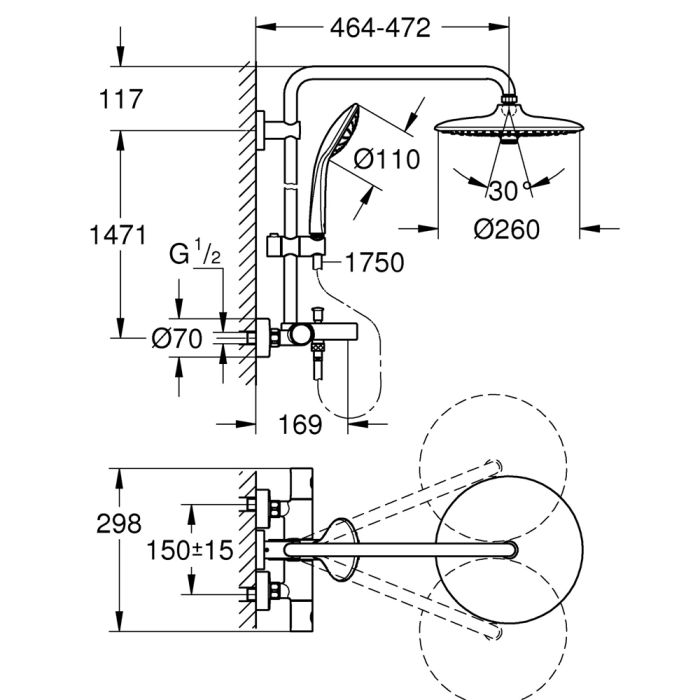 Suihkusetti Grohe Euphoria System 260 kylpyhanalla 1470
