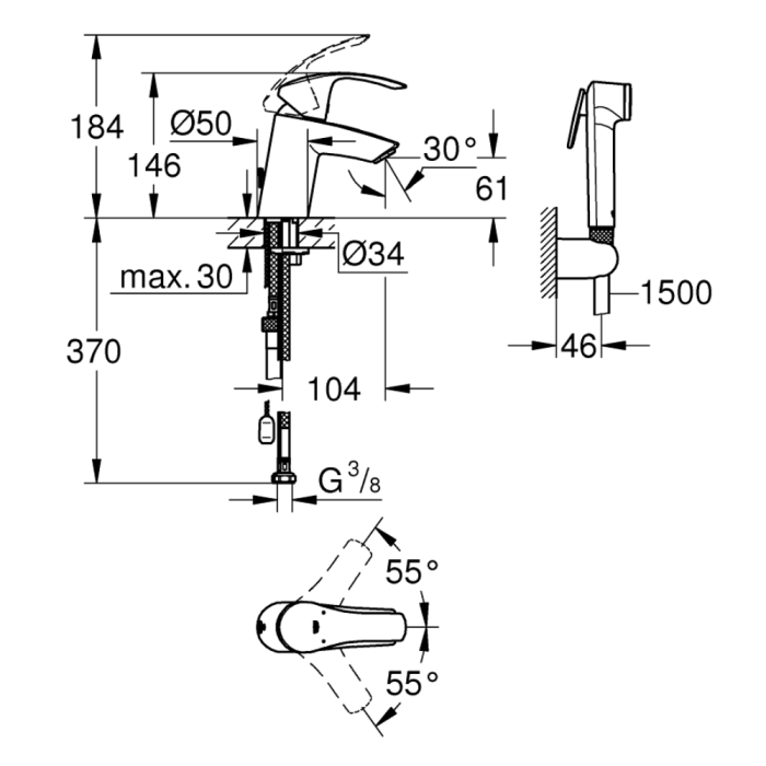Grohe Eurosmart S-kokoinen pesuallashana bidee-suihkulla Climate Care