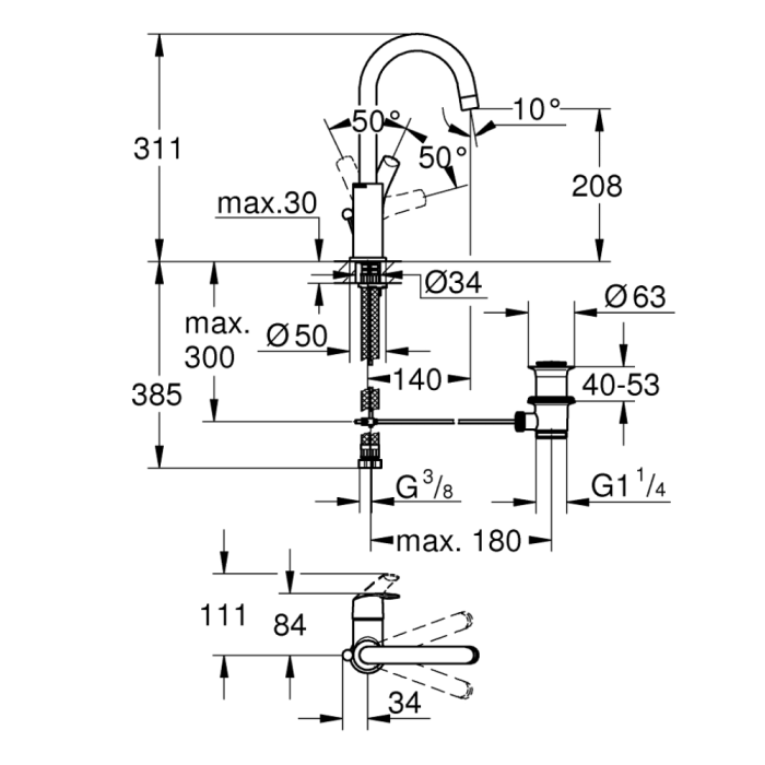 Grohe Eurosmart L-kokoinen pesuallashana ponnahdusjätteellä