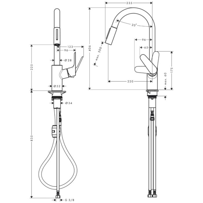 Keittiöhana Hansgrohe Focus M41 240 mattamusta ulosvedettävällä käsisuihkulla