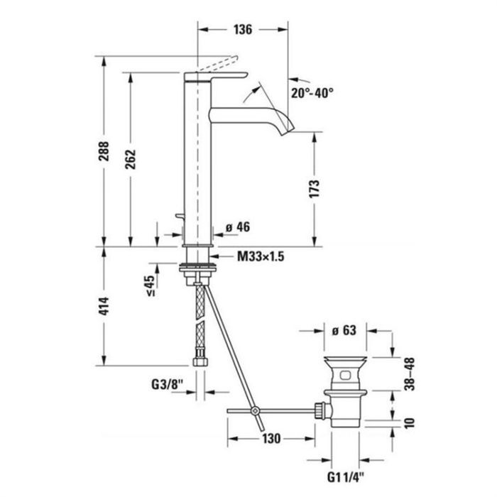 Duravit C.1 C11030001 L-kokoinen pesuallashana mattamustalla ponnahdusjätteellä